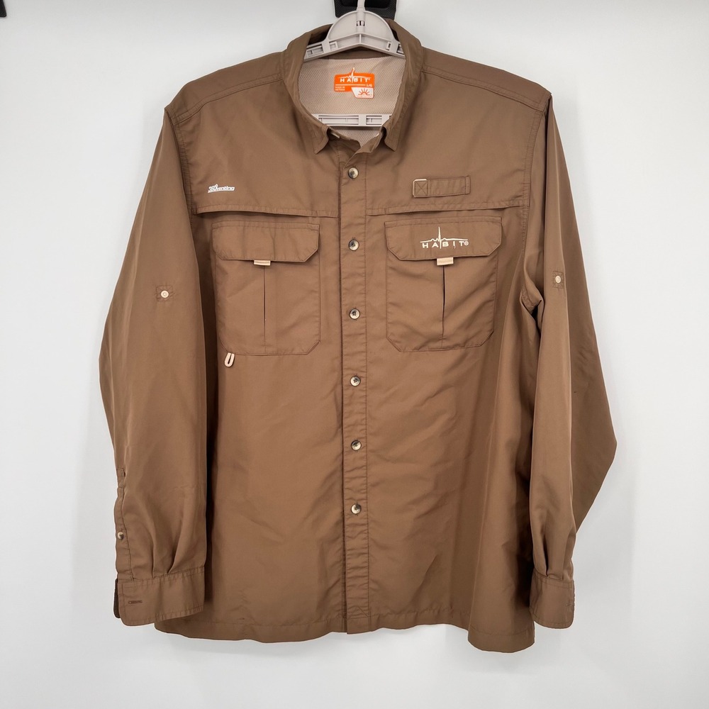Habit Mens Solar-Factor Fishing Shirt Large Brown Long Sleeve UPF 40+ Vented L